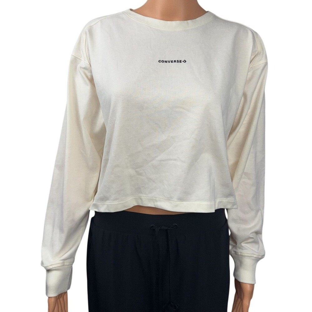 Converse Womens Small White Boxy Crop Top Long Sleeve T-Shirt Chuck Taylor